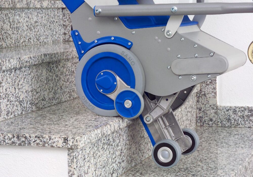 Kolečkový schodolez, zvláštní pomůcka, přeprava imobilních osob, jako invalidní vozík, bezbariérový